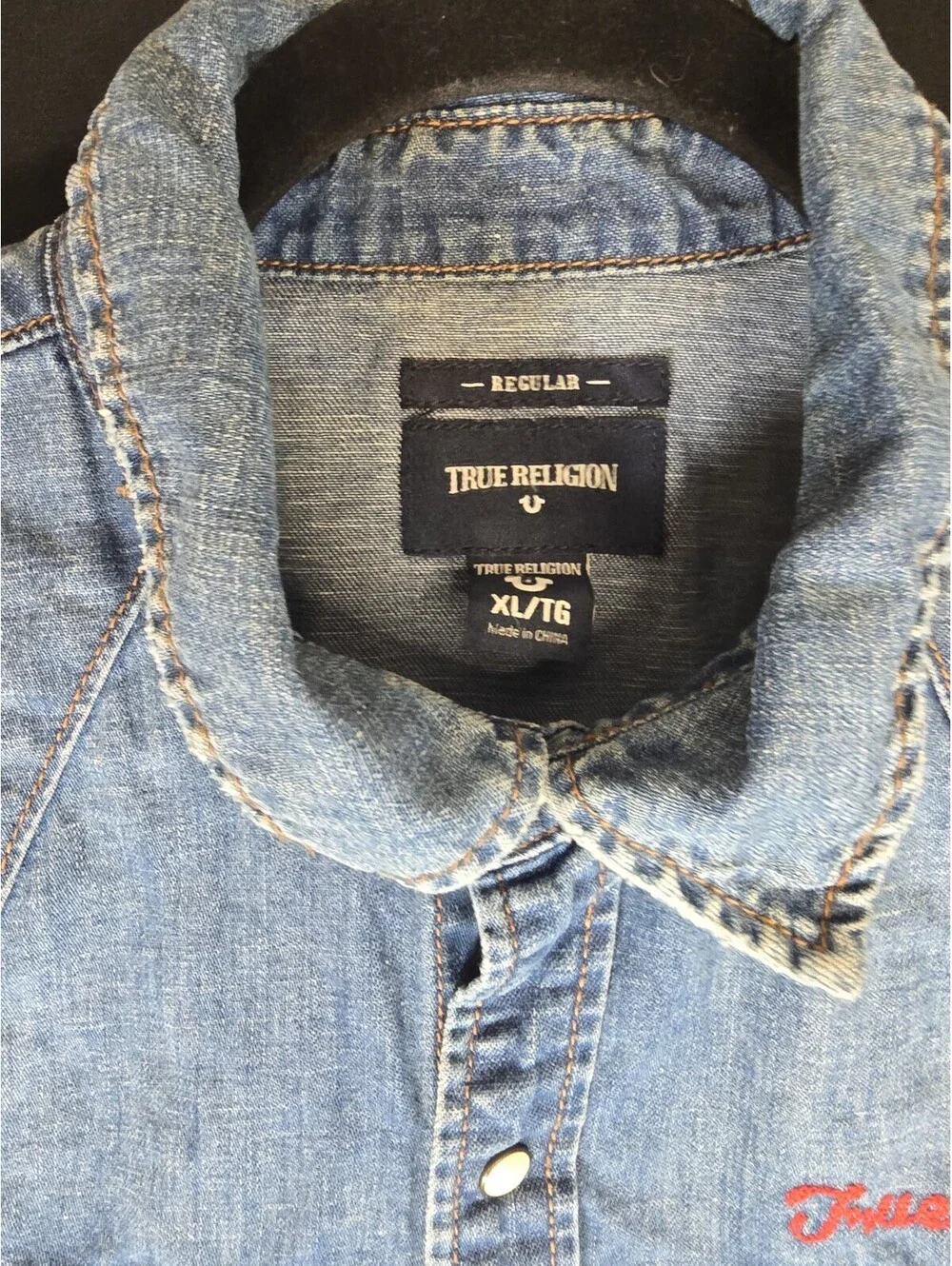 EUC True Religion Graffiti Distressed Denim Button up Shirt Size XL